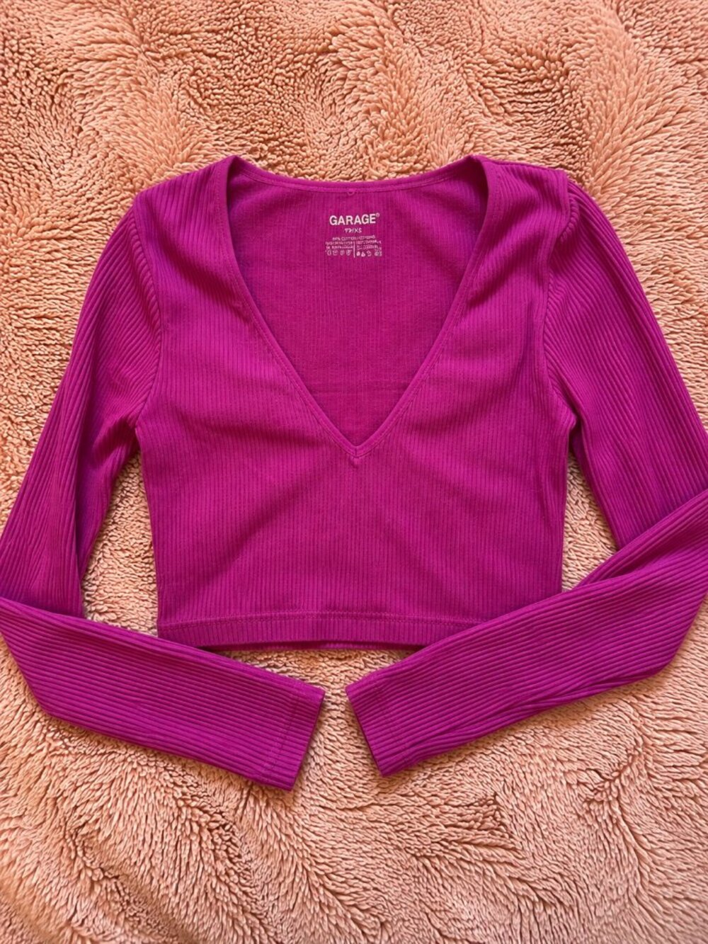 Garage Pink Ribbed Cropped Plung Long-Sleeve